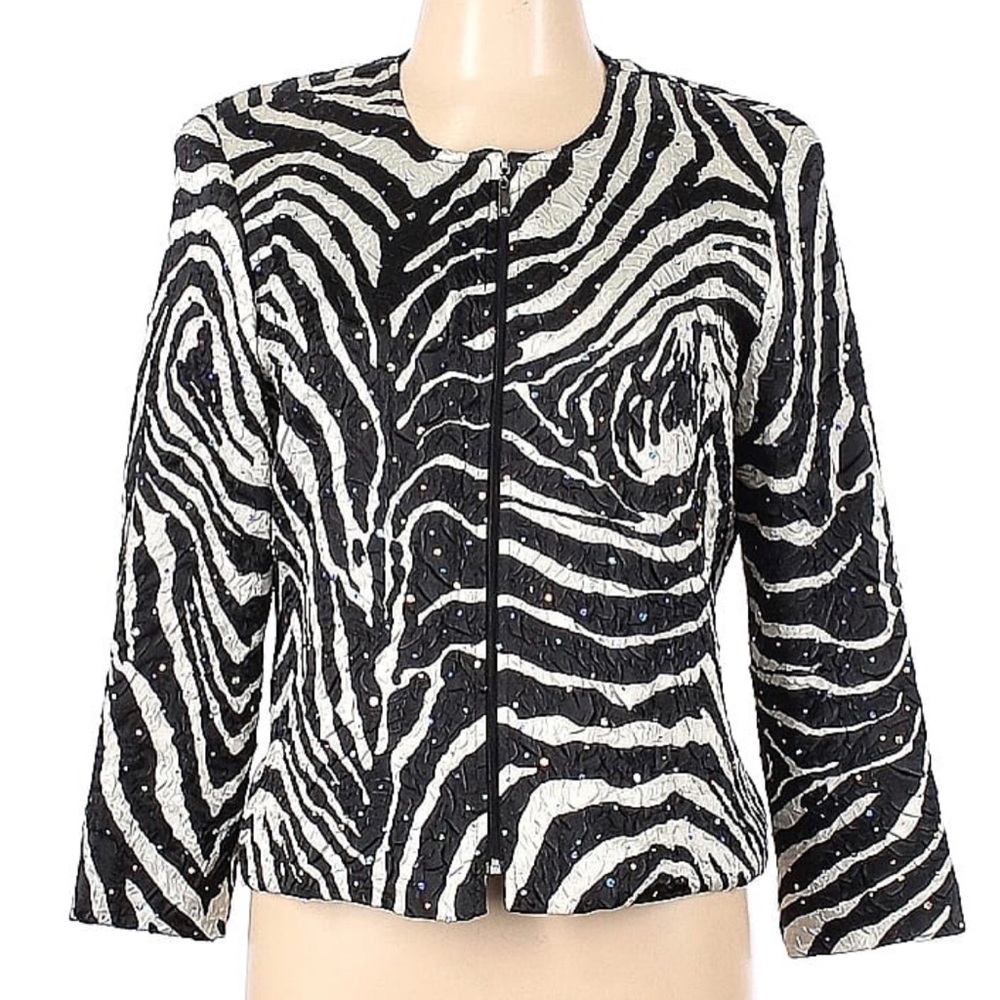 Vintage 80s Soft Works Zebra Animal Print Blazer Striped Iridescent Sequins sz10